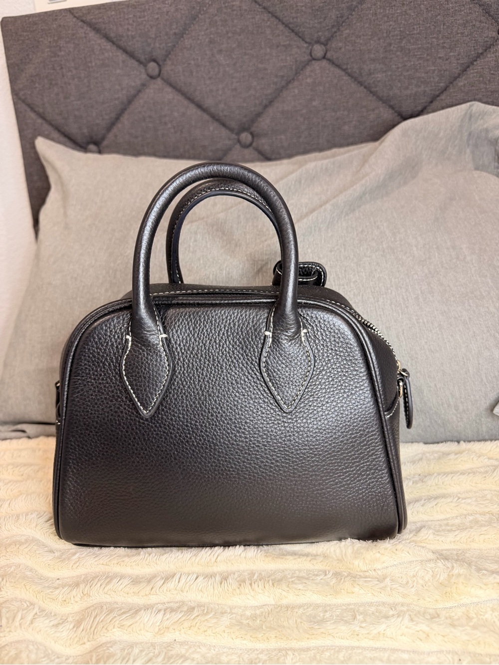 Classic Black Leather Dome Satchel Handbag